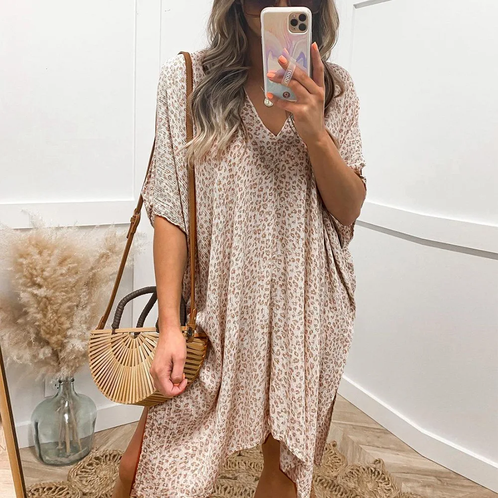 

Asymmetry Leopard Half Sleeve V Neck Oversized Loose Summer Casual Dress Women Bohemian Printed Knee Length Midi Dress Female
