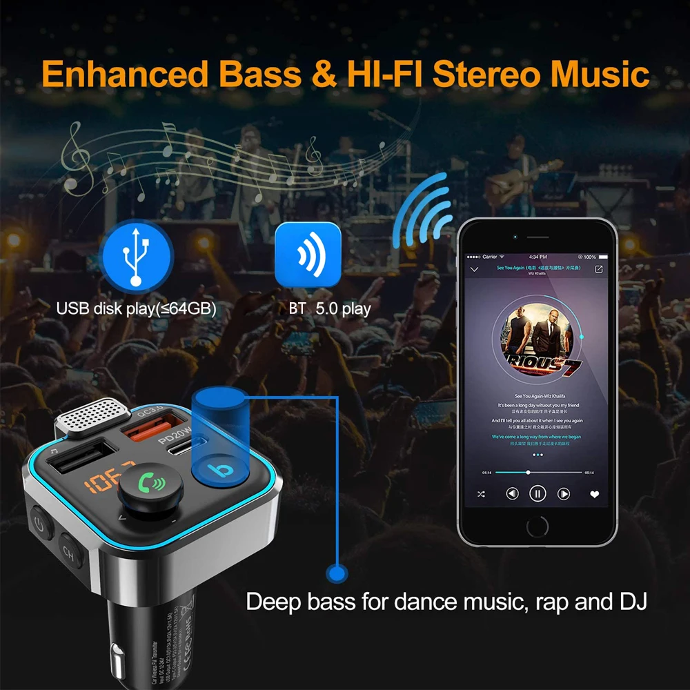 Автомобильный FM-модулятор с поддержкой Bluetooth 5 0 функцией Hands-free - купить по