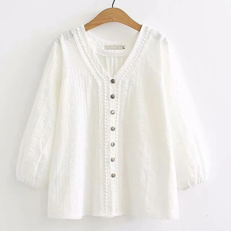 

Plus Size Hollow Out Embroidery white blouse 4XL Women v Neck Single Breasted Button up Three Quarter Sleeve Casual Sweet Blusa