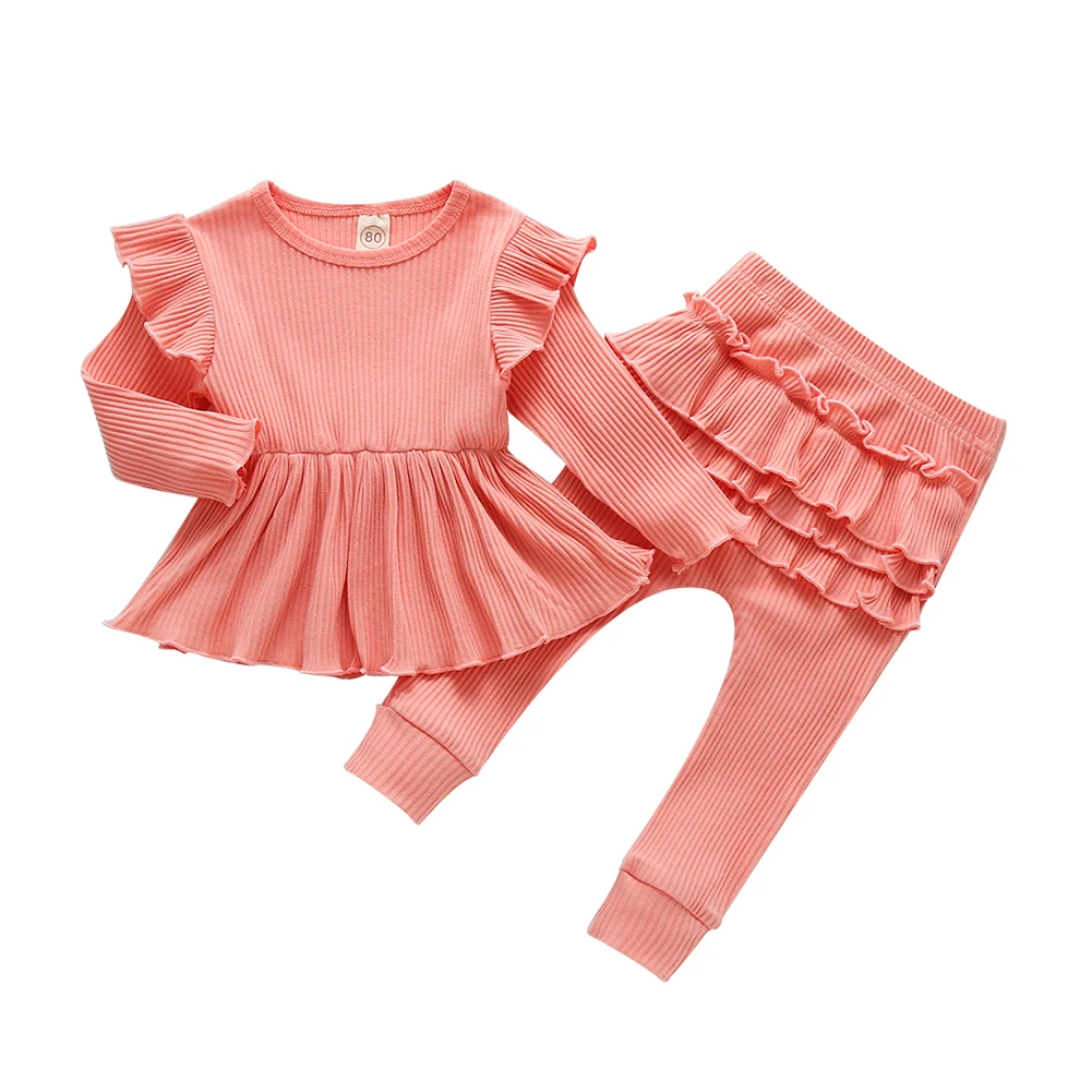 

Autumn Winter Newborn Baby Girls Knit Cotton Clothes Toddler Kids Ruffle Shirt Tee Long Sleeve + Pants 2Pcs Set Outfits Suit