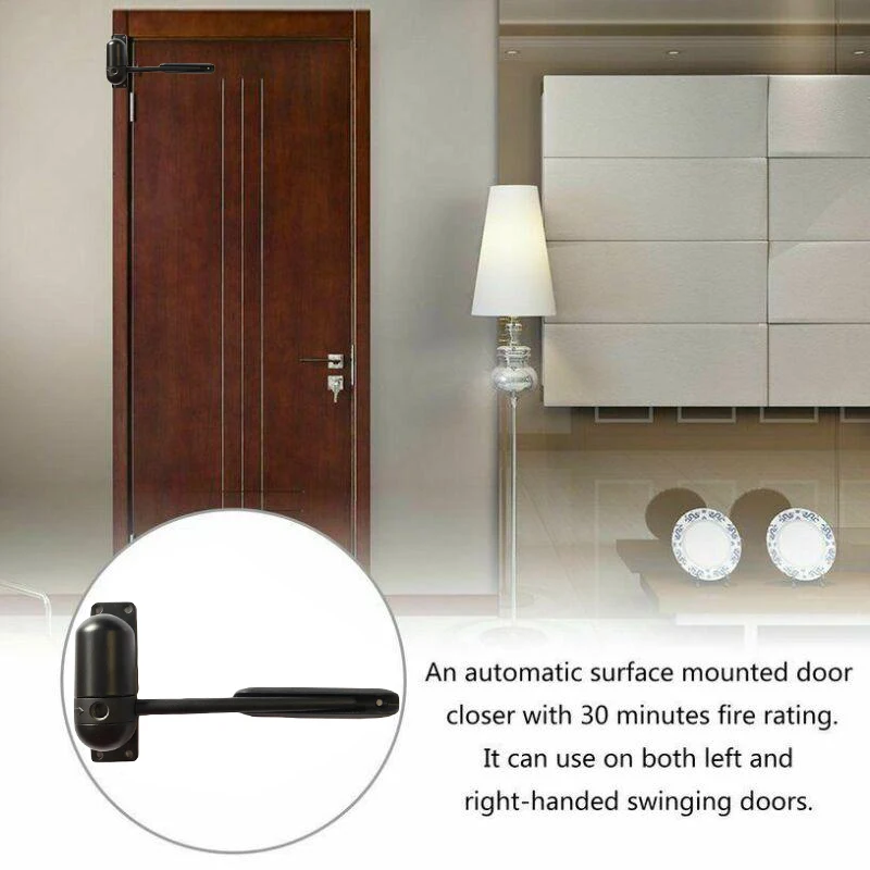 

Hot Surface Mounted Door Gate Closer Black Outdoor Spring Elastic Loaded Adjustable Door Closer Fire Rated Spring Loaded