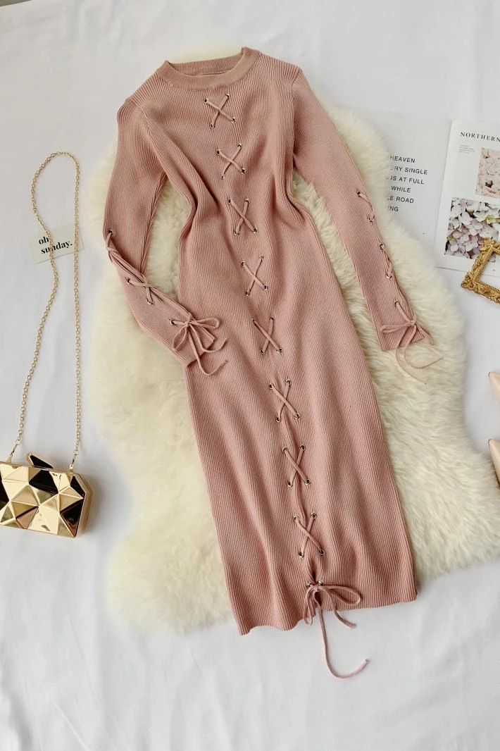 

2019 new fashion women's knit dress French long sleeves straps slim sweater dresses