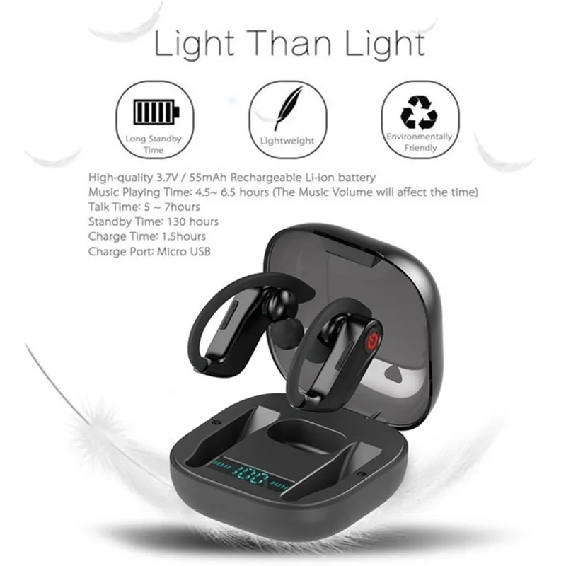 Q62 power HQB беспроводные V5.0 bluetooth наушники стерео гарнитура с ушным крючком спортивная Гарнитура с светодиодный цифровой дисплей зарядная коробка