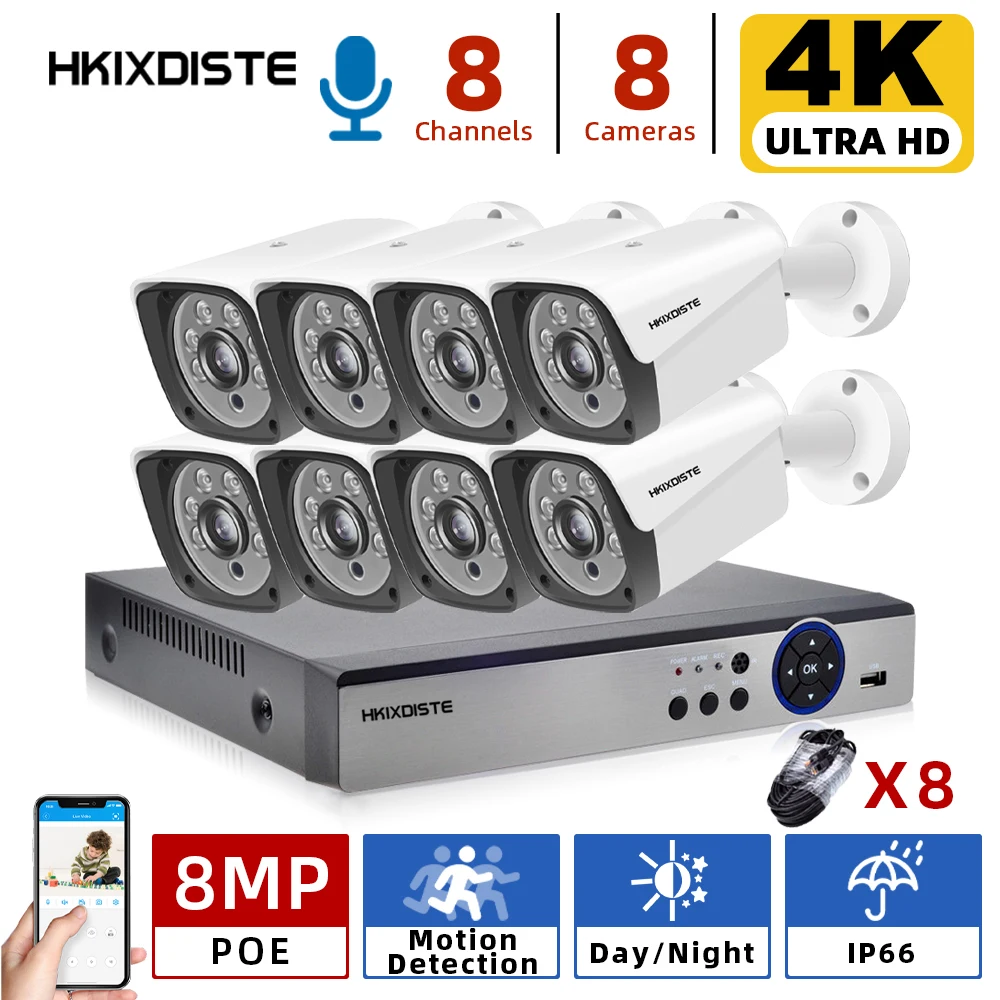 

HKIXDISTE 16CH 8MP POE NVR Security System Kit Outdoor 8MP Waterproof P2P IP Camera HDD Onvif CCTV Audio Video Surveillance Set