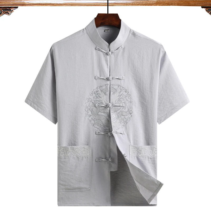 Рубашка Кунг-фу мужская с вышивкой хлопково-Льняная сорочка драконом коротким
