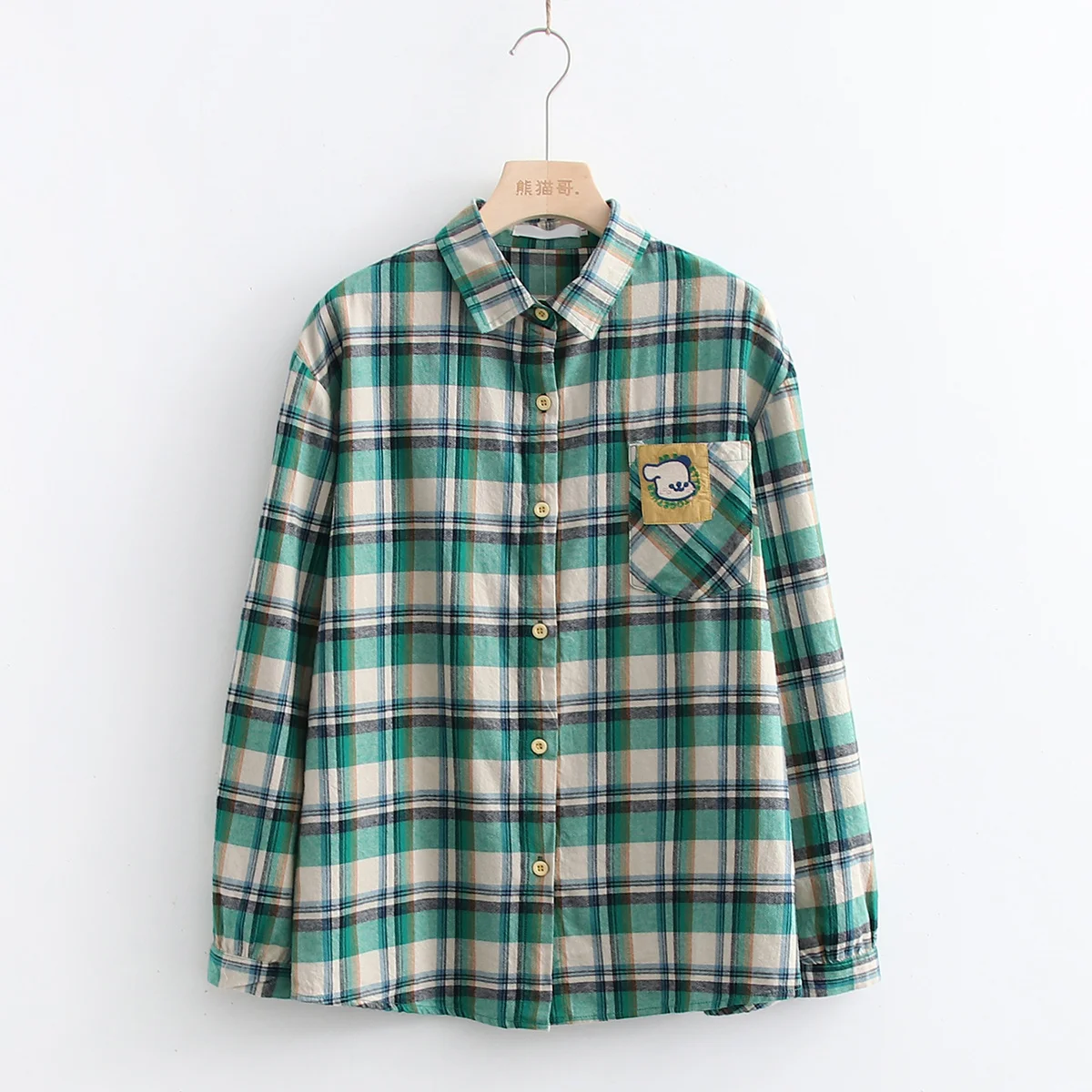 

Japanese Mori Girls' Preppy Style Children's Sweet Cute Letters Paste Cloth Embroidery Loose All-Match Long Sleeve Plaid