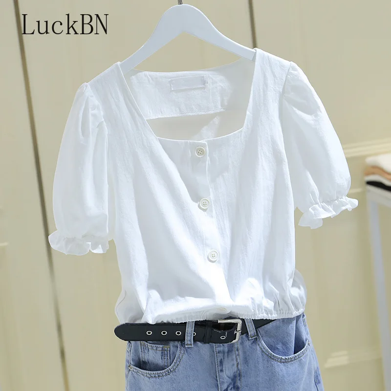 

Summer Blouses Shirt Ladies Square Collar Puff Sleeve Button Top Sexy Short-sleeved Blusas Mujer De Moda 2021 Verano Elegantes