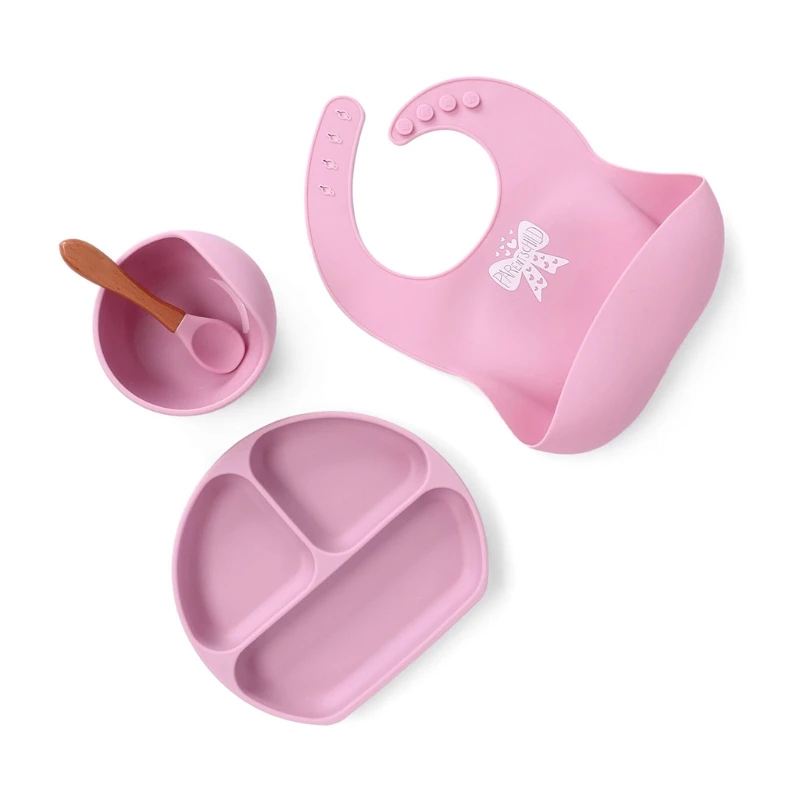 

4 Pcs Baby Food Grade Silicone Waterproof Bibs+Suction Dinner Plate+Bowl+Spoon