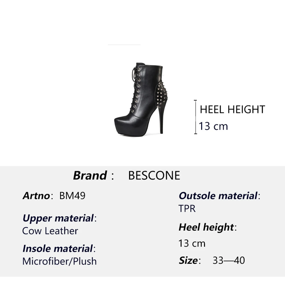 

BESCONE Fashion Women Ankle Boots Handmade 13 cm Super High Heel Shoes Genuine Leather Round Toe Spike Heel Ladies Boots BM49