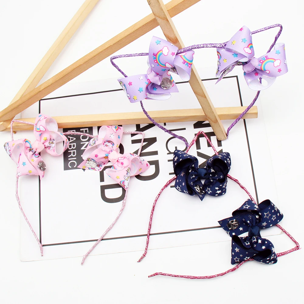 

CN 6 Pcs/lots Cute Cat Ear Hair Bands For Kids Girls Handmade Unicorn Printed Bow Headbands Hair Hoop Children Hair Accessories