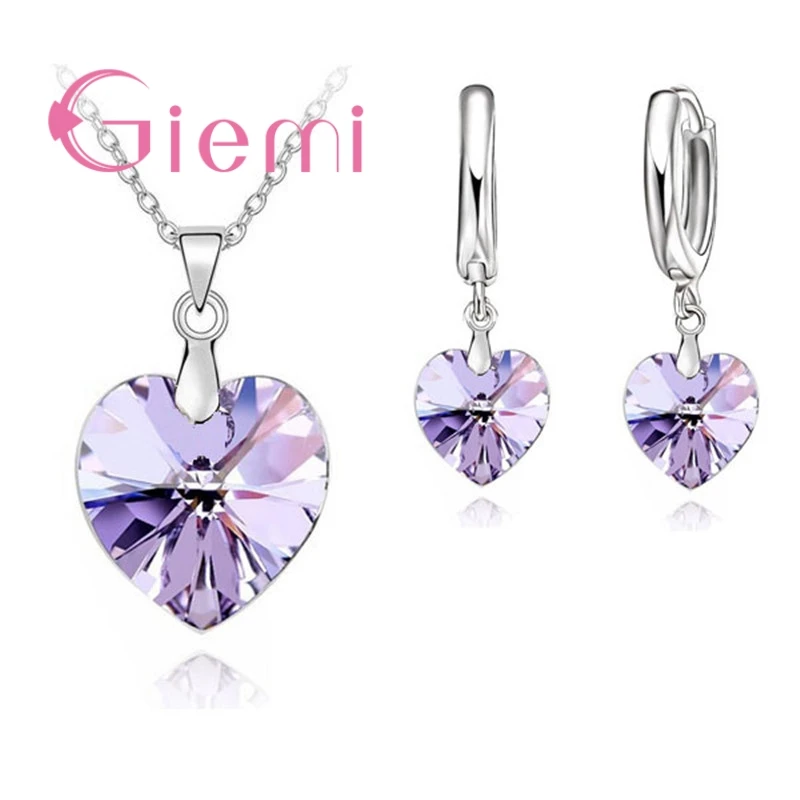 Vioket-Loop Authentic 925 Sterling Silver Jewelry Sets for Women Girls Gifts Austrian Crystal Heart Pendant Necklace Thread Earrings Chain - Окраска металла: Vioket-Loop