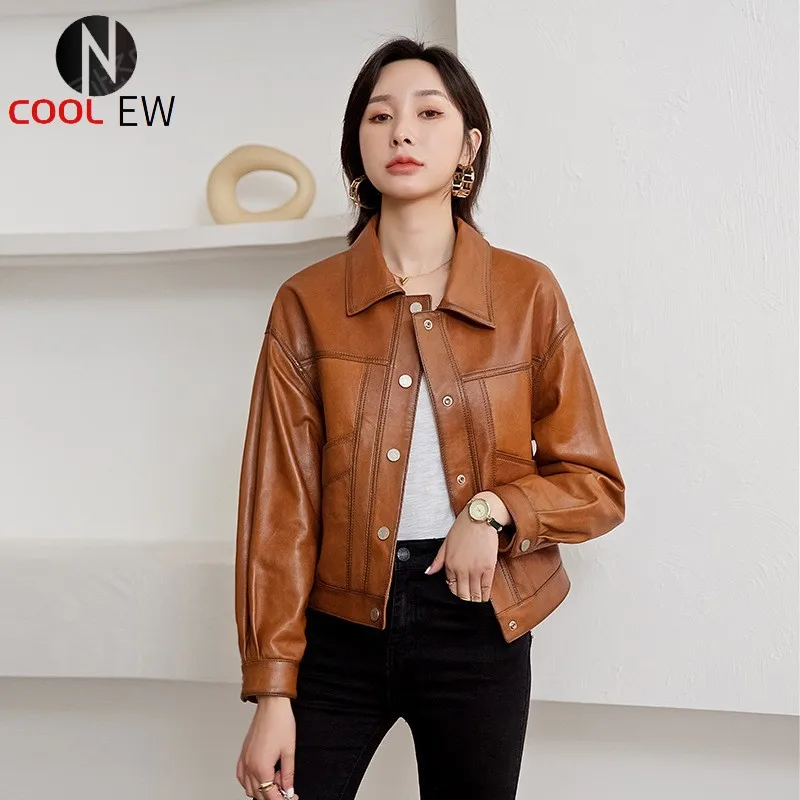 

Vintage Genuine Leather Short Jacket Women 2021 Autumn Sheep Skin Slim Fit Coat Motorcycle Leather Jackets OL Street Casual Coat