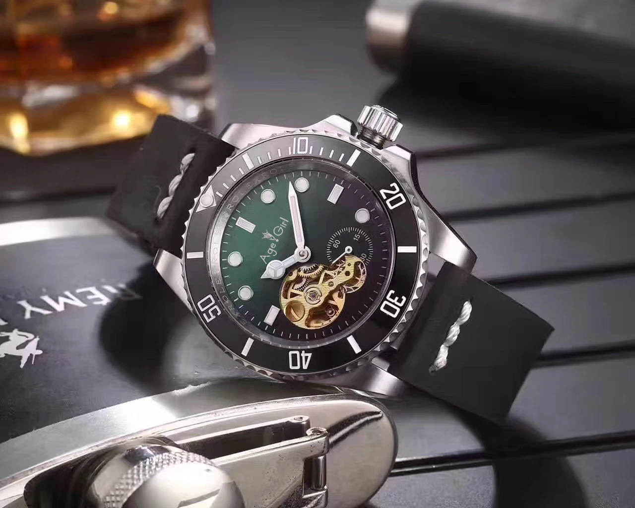 

Classic New Men Automatic Mechanical Black Leather Stainless Steel Ceramic Sapphire Watch Waterproof Tourbillion Skeleton