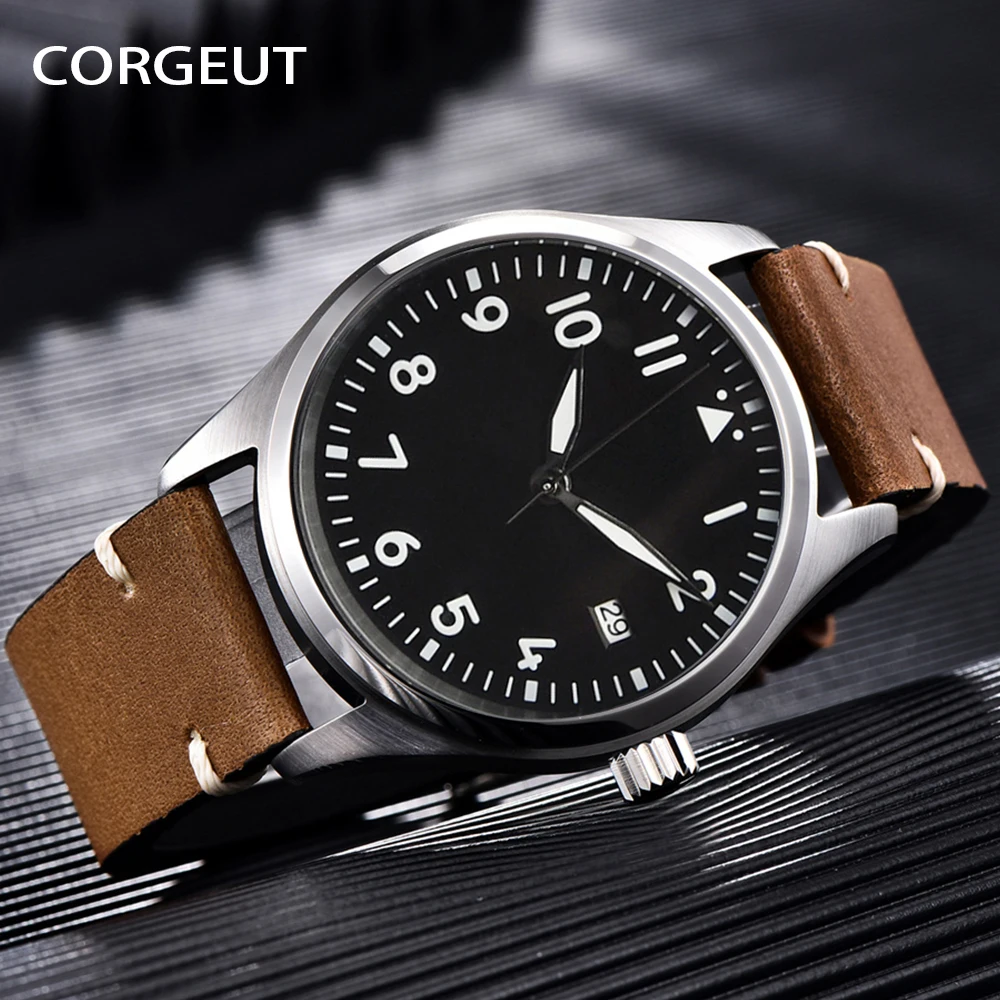 

CORGEUT Watch For Men Top Brand Luxury Waterproof Date Mechanical Clock Brown Leather Sports WristWatch Orologio da uomo
