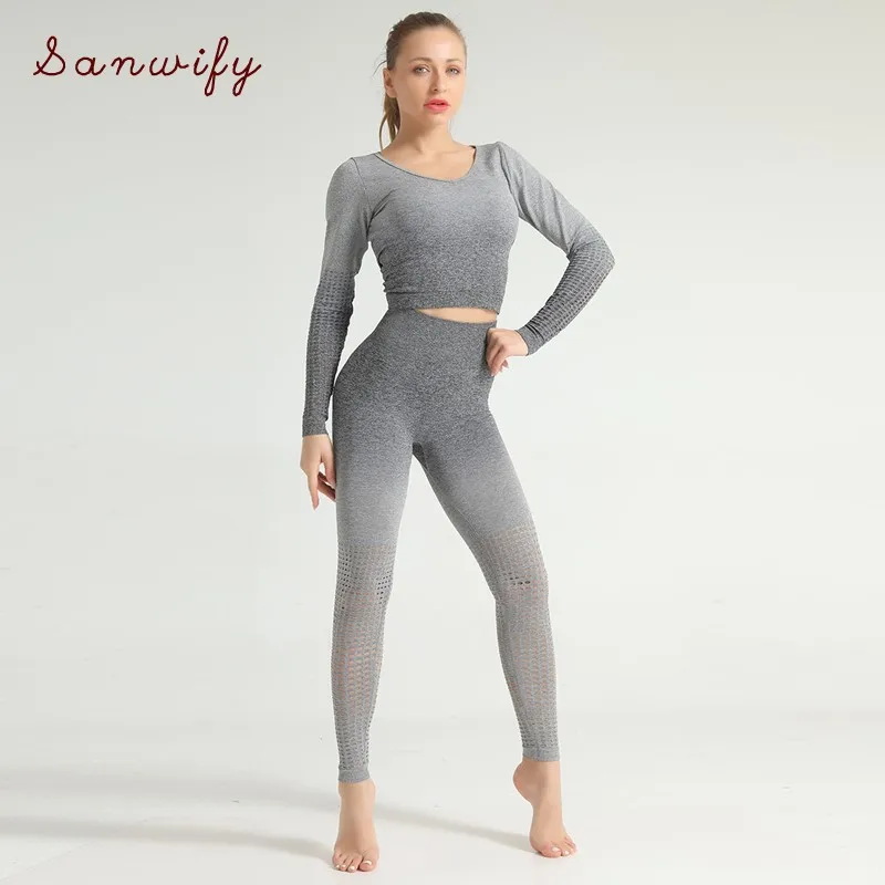 

2 Piece Ombre Legging Set Seamless Long Sleeve Yoga Set Women Gym Clothes High Waisted Sport Outfit Gym Wear Tight Yoga Suit