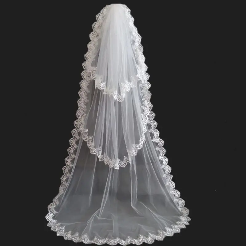 

Bridal Veil 3 Layers Trailing Long Cut White Lace Floral Edge Wedding Accessory