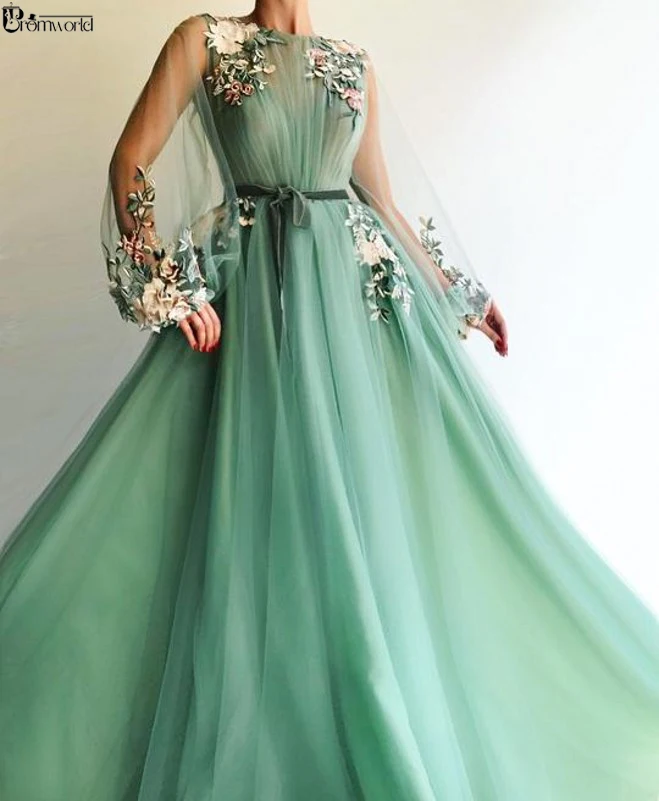 

Illusion Long Sleeve Tulle A-Line Mint Green Prom Dresses Applique Flowers vestidos de festa longo Formal Evening Dress