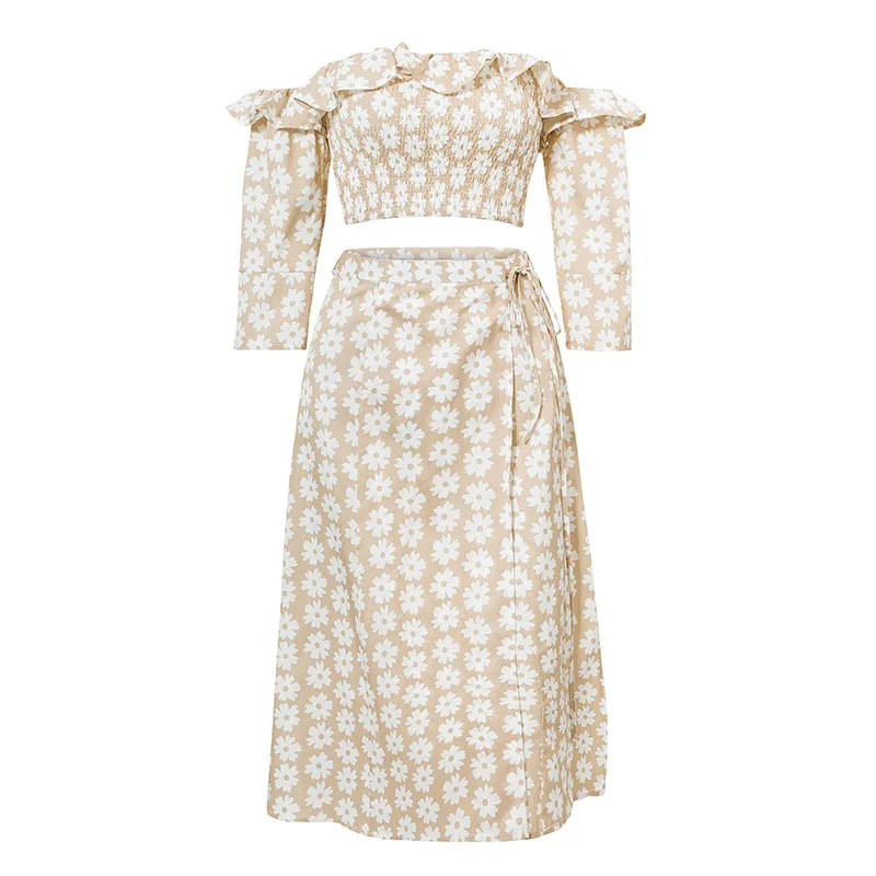 

Spring and Summer New Fashion Outfit Slim-Fit European and American Ruffled Dress Suit Floral off-Shoulder A- line Midi Dress