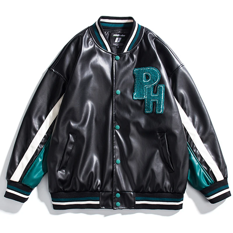 

PU Leather Flocking Baseball Jacket Men Women Motorcycle Jacket Unisex 2021 Autumn Japanese Men Bomber Varsity Coat Stadium