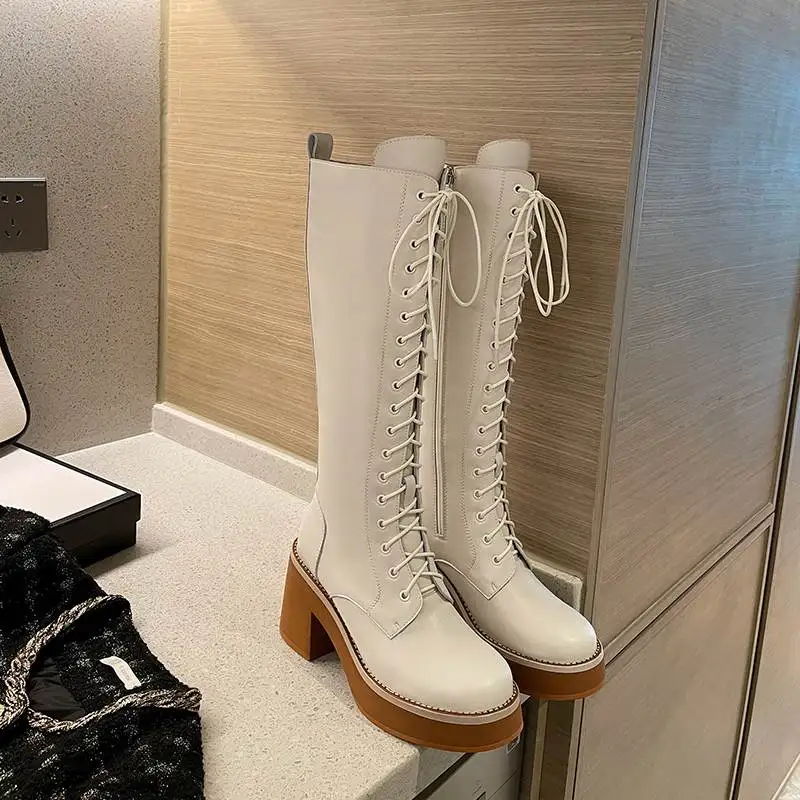Murah Sepatu Bot Panjang Ujung Kaki Bundar Kulit Sapi Panci Krazing Model Runway Show Sepatu Bot Selutut Warna Campuran Musim Dingin Yang Diikat Silang L05