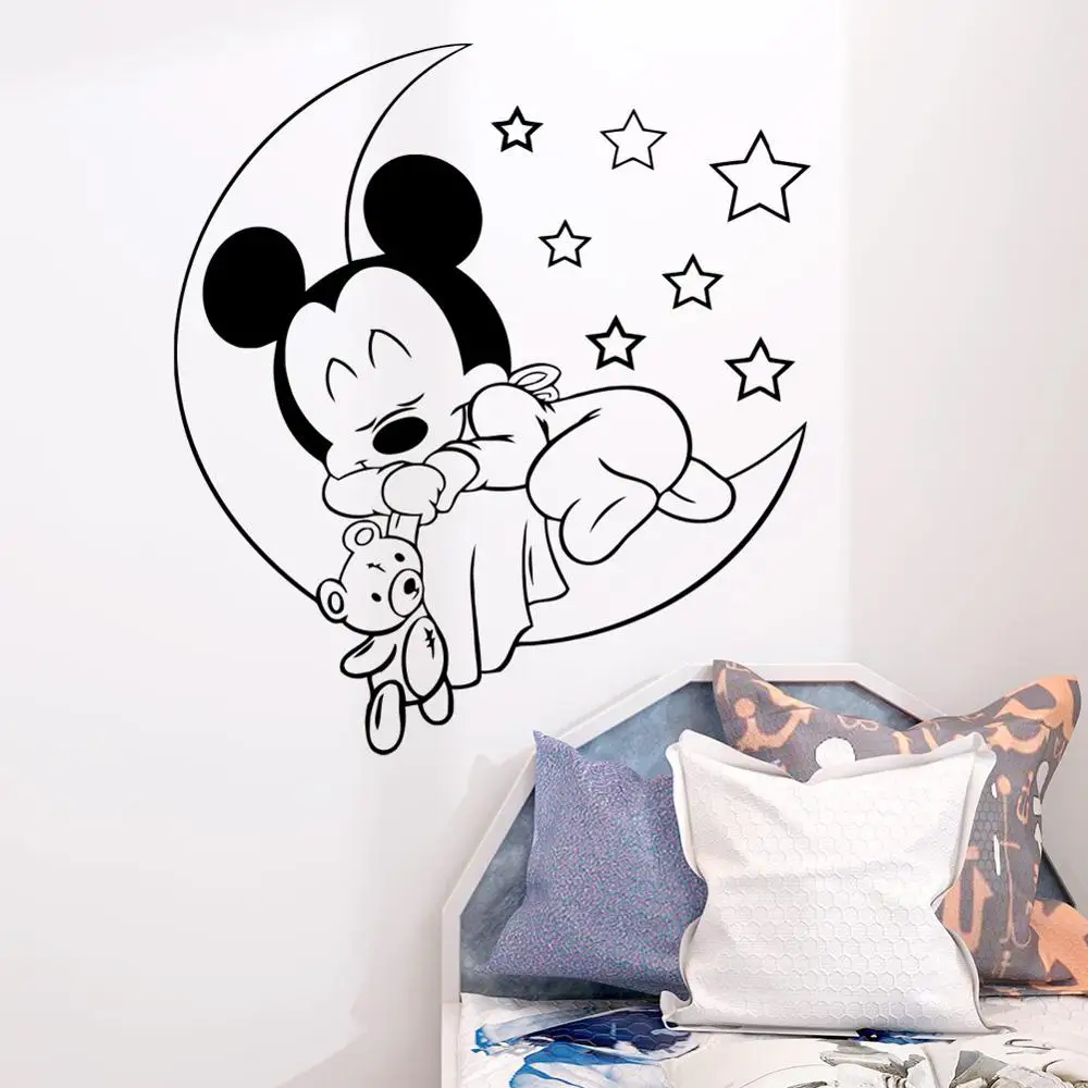 

Disney Vinyl Wall Sticker Cute Sleeping Mickey Mouse On Moon With Stars Decal For Kids Baby Room Bedroom Accessories Home Decor