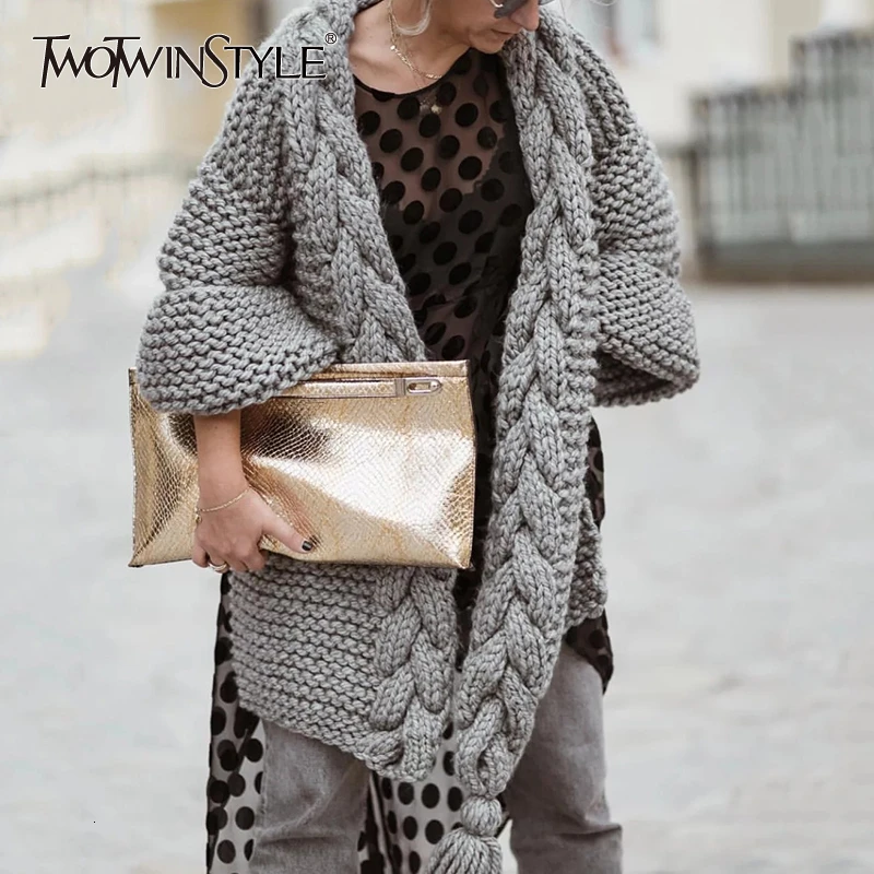 TWOTWINSTYLE White Knitted Korean Tassel Sweater For Women V Neck Lantern Long Sleeve Loose Cardigans Female 2020 Autumn Fashion |