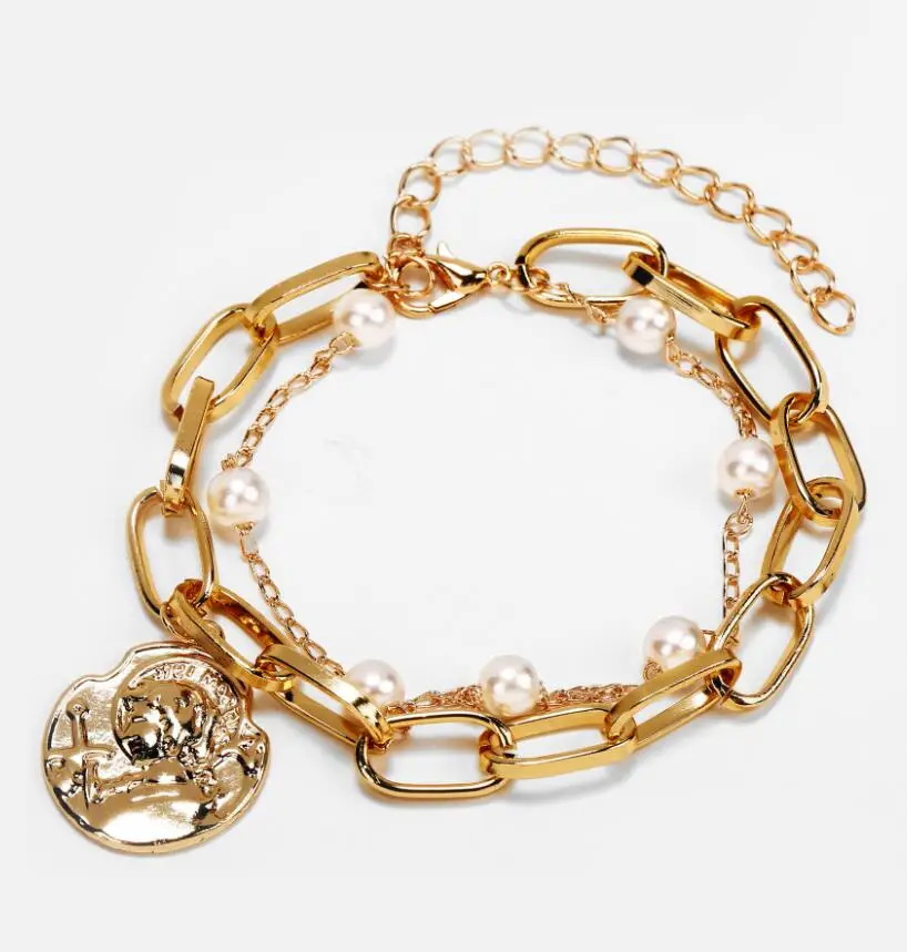 Gold Head KMVEXO Новинка барокко имитация браслеты из жемчуга Золотой Металл ручной ювелирные изделия голова монета сердце звезды браслет браслеты для женщин Девушка - Окраска металла: Gold Head
