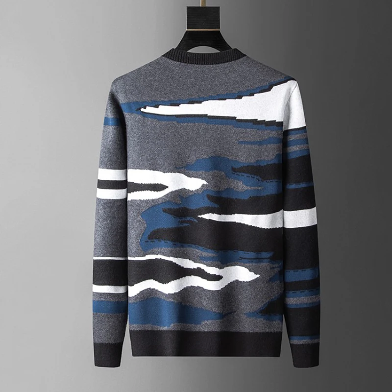 Мужской шерстяной свитер вязаные топы джемперы с градиентным рисунком и круглым