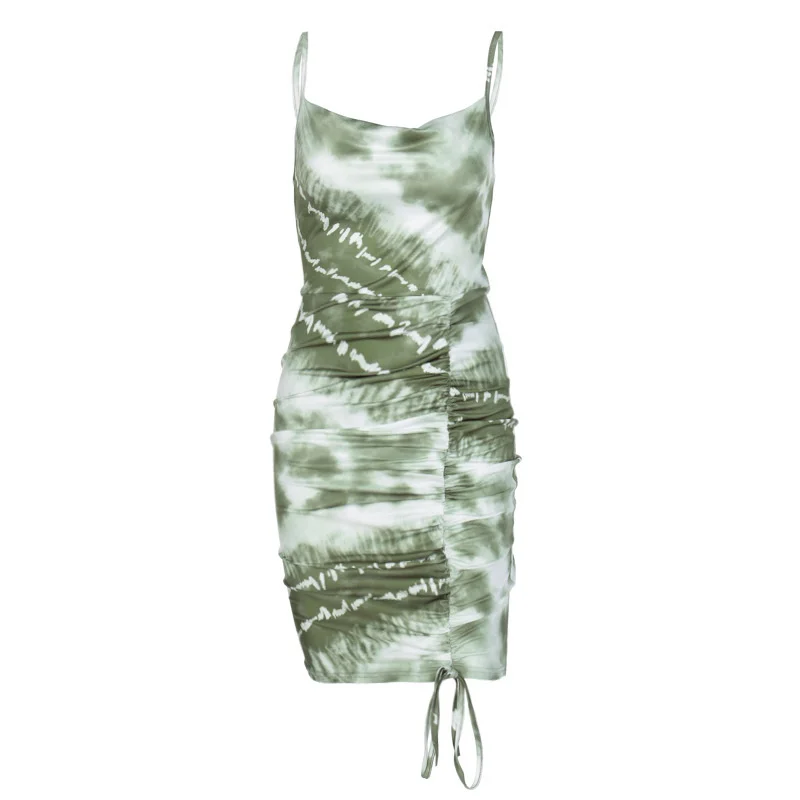 

2020 sleeveless ruched bandage tie dye print sexy mini dress summer women fashion streetwear outfits sundress clothes Rushed
