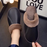 faux fur mules shoes mens winter home slipper black house room shoes man genuine leather slipper warm furry shoes slippers 2021