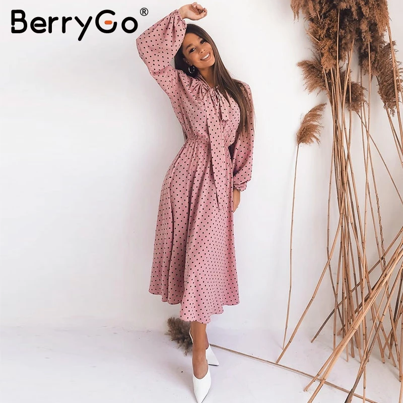 BerryGo элегантный в горошек с бантом длинное платье для женщин винтажные