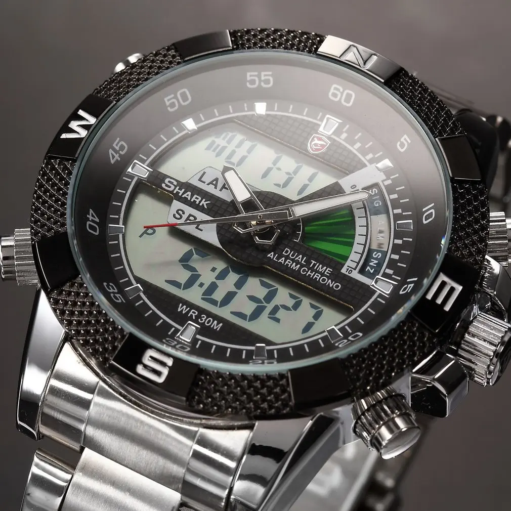 Black SH047 Акула спортивные часы Dual Time Цифровые стали Porbeagle Календарь Будильник Секундомер Мужские кварцевые наручные часы/SH046/047 - Цвет: Black SH047