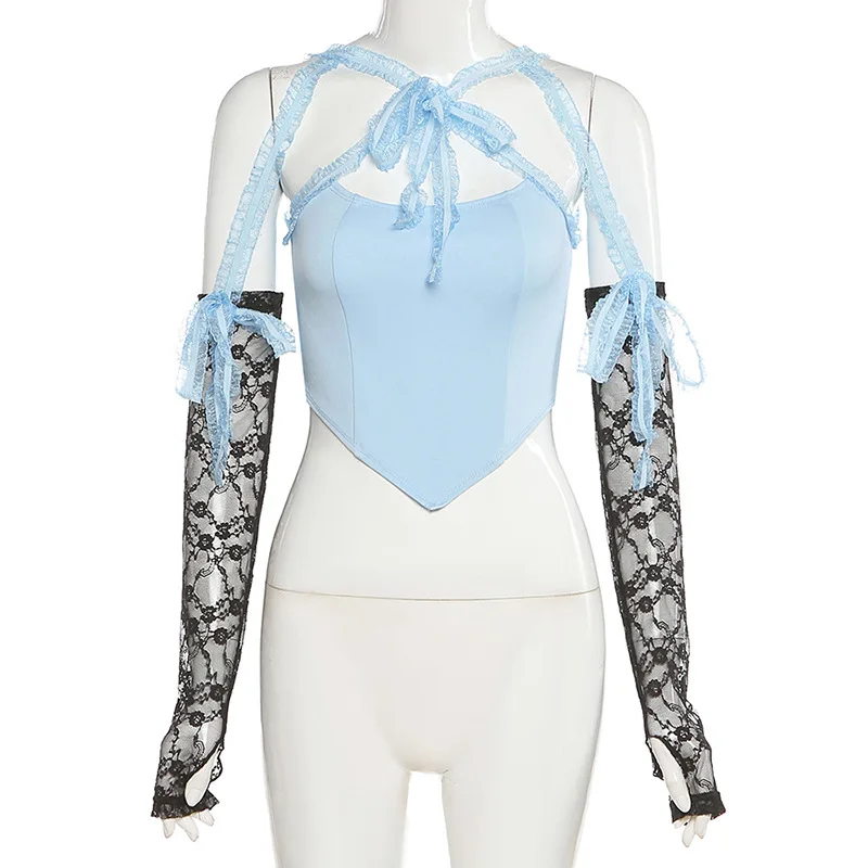 

Fashion Women Bandage Crop Top mujer Spaghetti Strap Blue Lace Sleeve Tops Y2K Tank Top Camis 2021 Summer Gothic Clothes