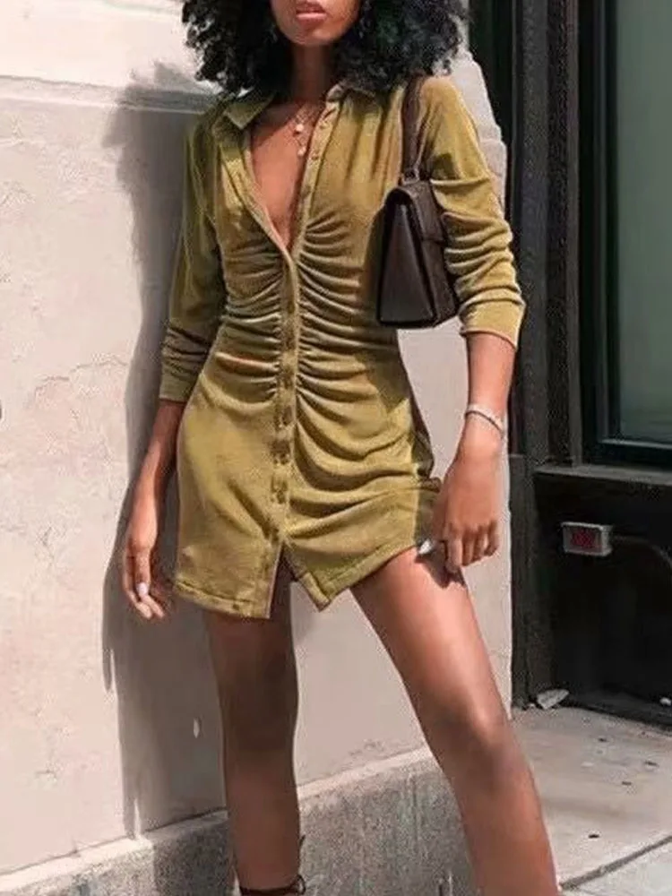 

2021 summer new fashion all-match temperament simple slim stretch pleated shirt dress