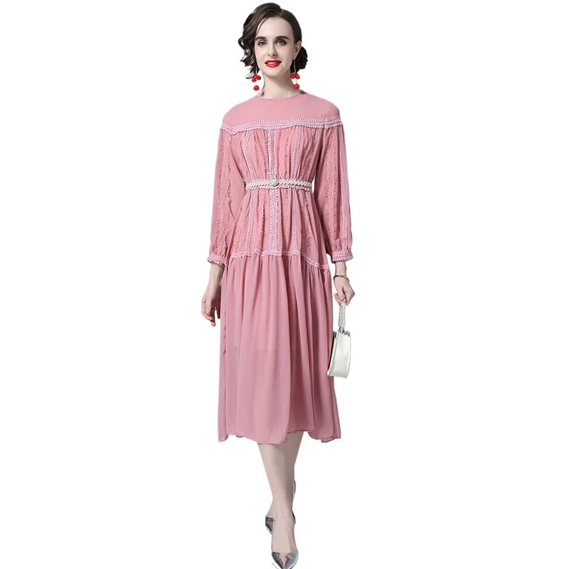 

Simgent Women Vintage Dress Lace Up Chiffon A Line Lantern Sleeve Midi Long Dresses 2022 Spring Vestidos Jurken SG112201