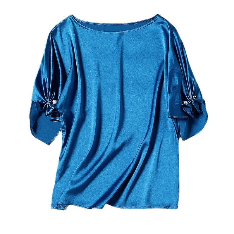 

2021 summer hooded temperament commuter pink loose short sleeve solid color one-word collar silk mulberry silk female T shirt