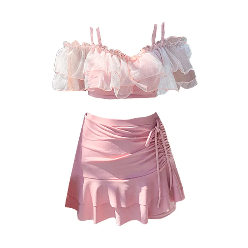 

Korea style Women Sexy Casual Short Sleeve Off Shoulder Lace Up Solid Color Two-Piece Sets Swimsuits Beachwear Bathing Suits