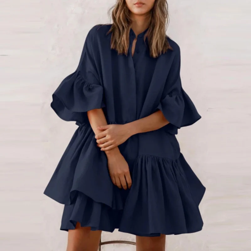 

Short Butterfly Sleeve Loose Mini Dress Woman Casual Single Breasted Stand Collar Fashionable Dress 2021 New Summer vestidos