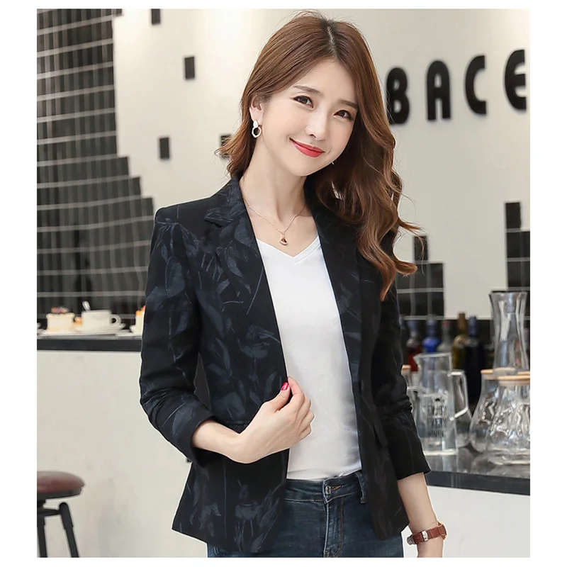 

Spring and Autumn Women's Printed Blazer 2021 New Korean Fashion Slim Short One Button Black Apricot Wine Red Blazer Coats GH402
