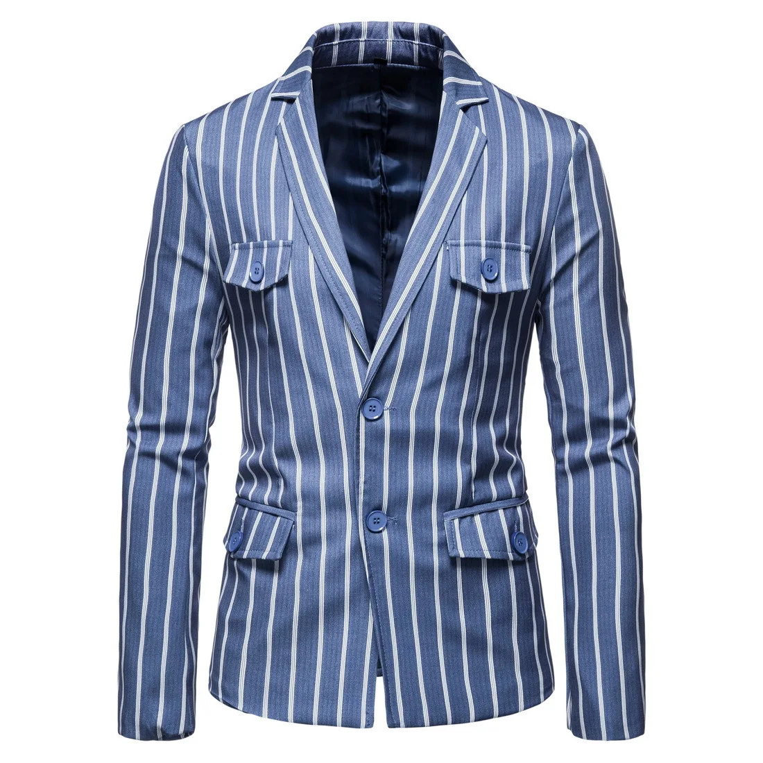 

Autumn Men's Suit New Blue White Stripe Long Sleeve Lapel Single Breaated Pocket Fashion Casual British Style Male Coat