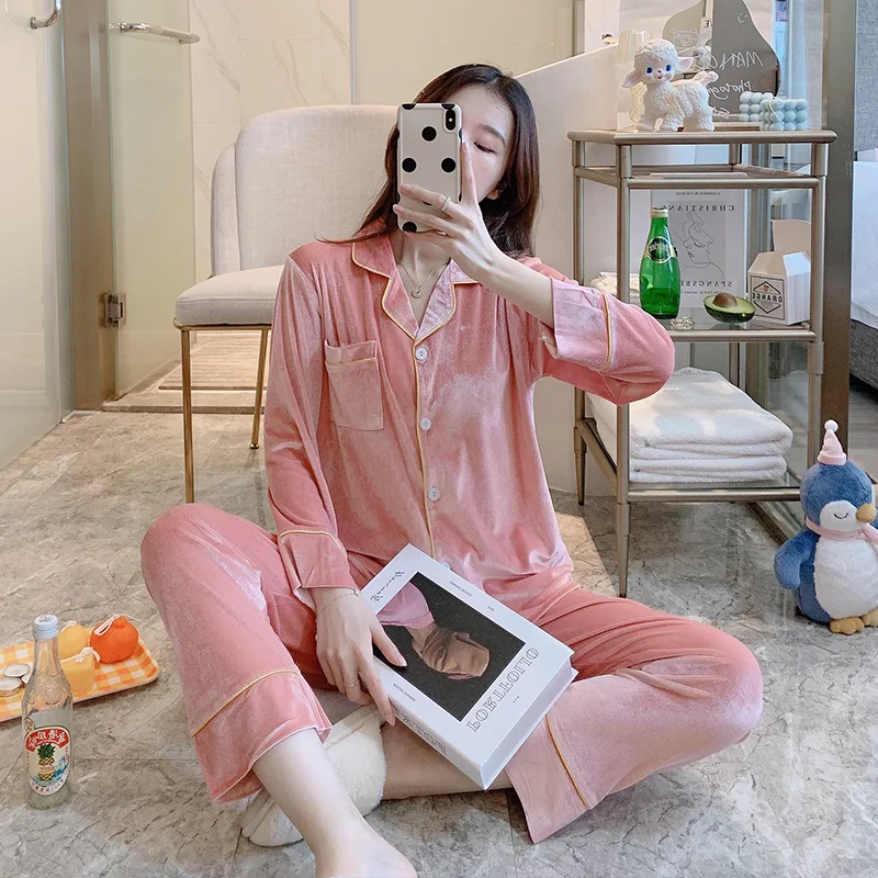 

Gold Velvet Pajamas Women Autumn and Winter New Solid Color Cardigan Long Sleeve Two-piece Suit High-quality Cute Home Clothing