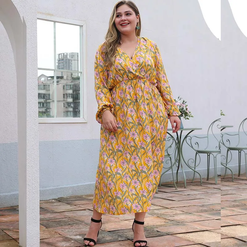WHZHM/осеннее платье с цветочным принтом и разрезом большие размеры 3XL 4XL длинные