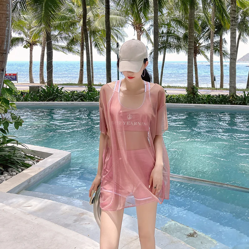 

Women 3Set Swimwear Sport Swim Bodysuit With Mesh Covers Holiday Beach Surfing Suit Push Up Padded Swimsuit Boyshort Tankinis