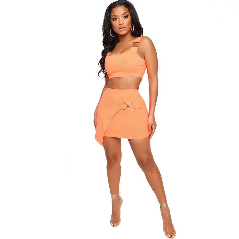 

Women Casual Solid Two Piece Set Dress Spaghetti Straps Sleeveless Bodycon Mini Skirt Fashion Female Clothing Outfits