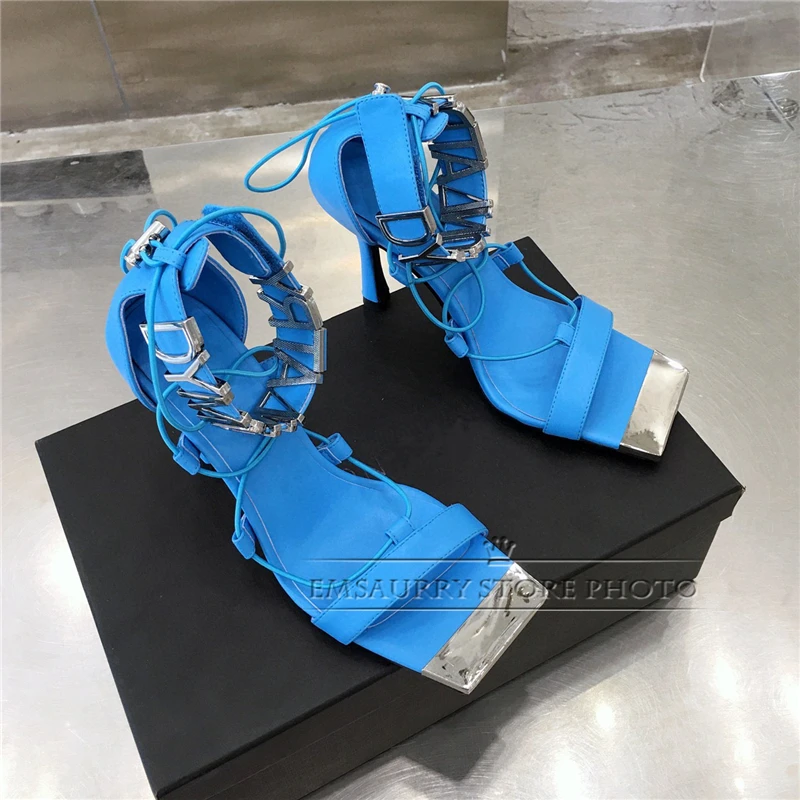 

Metal Letters Decor Elastic Narrow Band Sandals Women Thin High Heel Genuine Leather Square Open Toe Party Shoes Summer