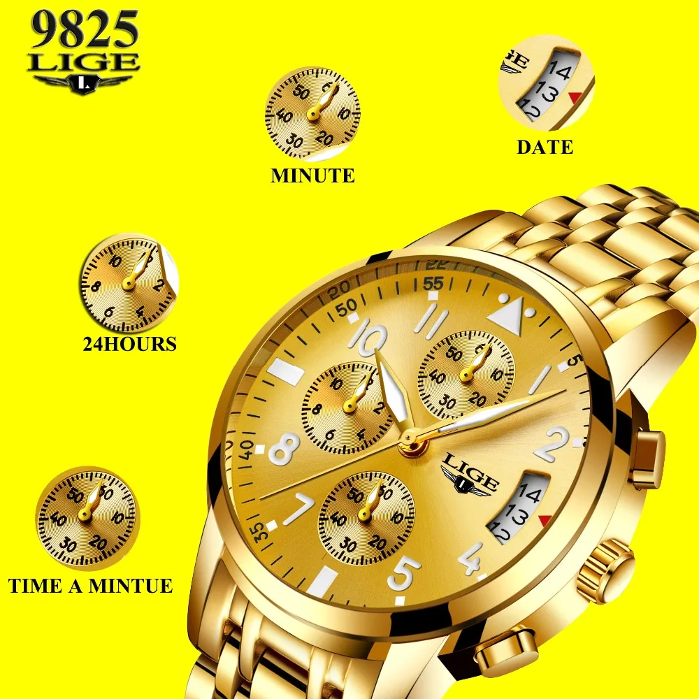 2019 LIGE мужские Топ люксовый бренд водонепроницаемые золотые часы с хронографом