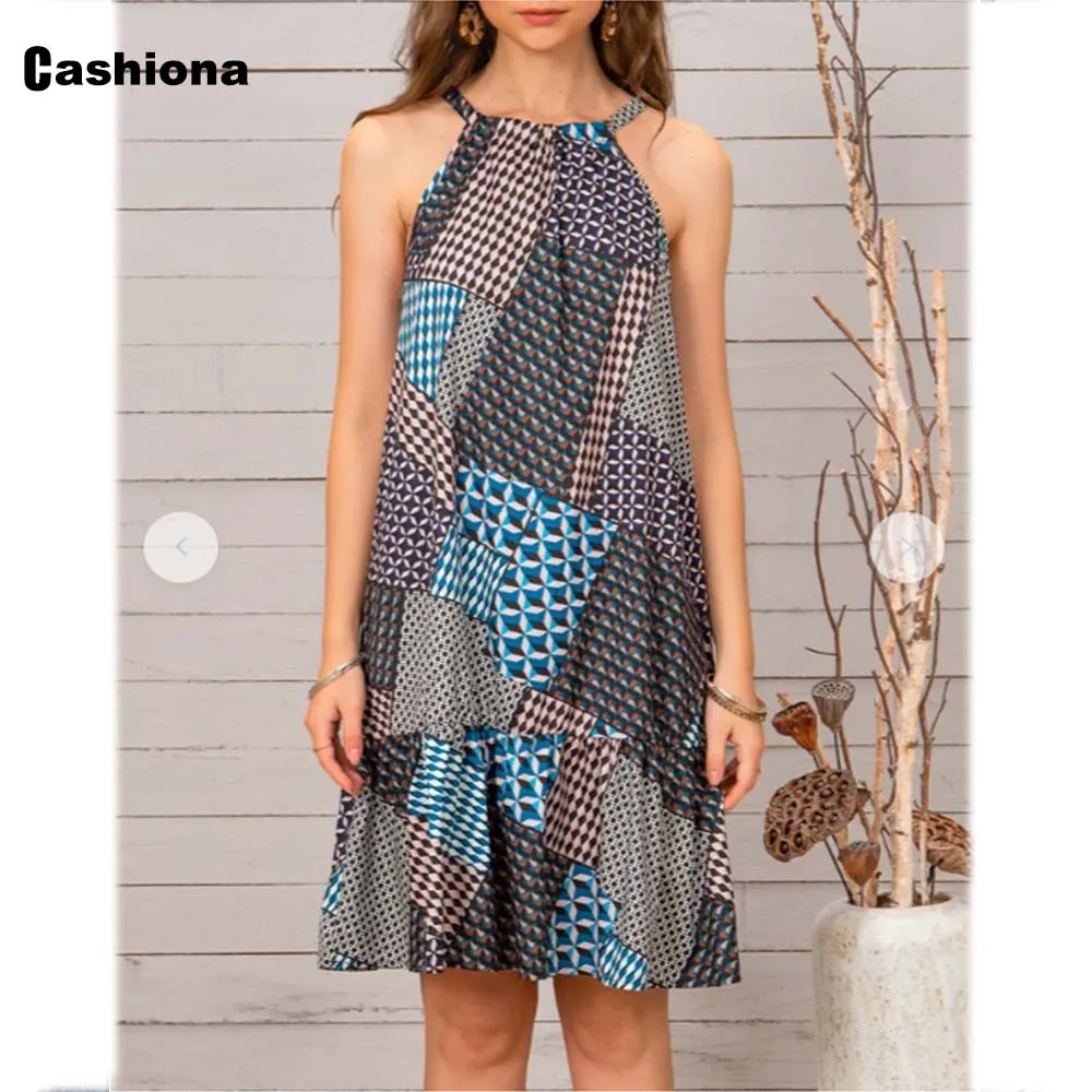

Vintage 2021 Summer Halter Dress Women Bohemian Plaid Print A-line Dresses Simple Model Short Mini Dress Sexy Femme Vestidos