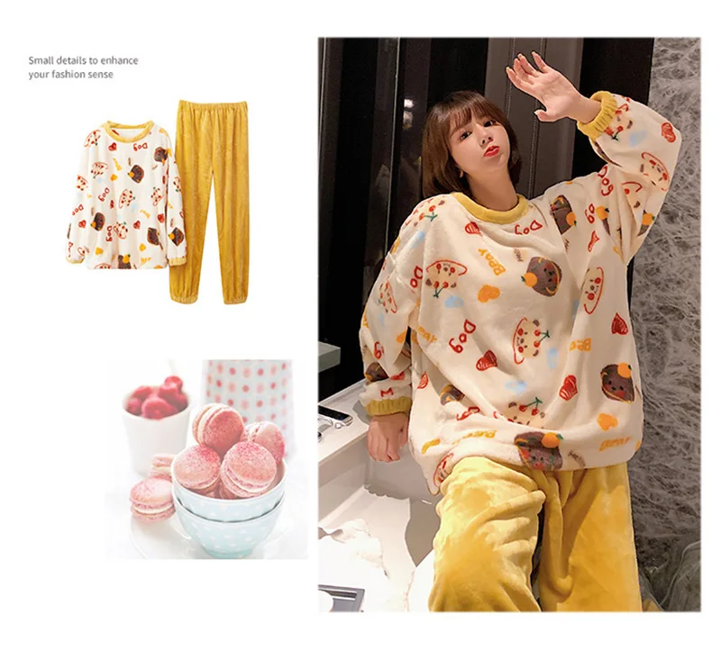 

Winter Flannel Lovely Bear Pajama Set Womens Thick Warm Fleece Pajamas Home Wear Thick Coral Velvet Female Nightgown Sleepwear