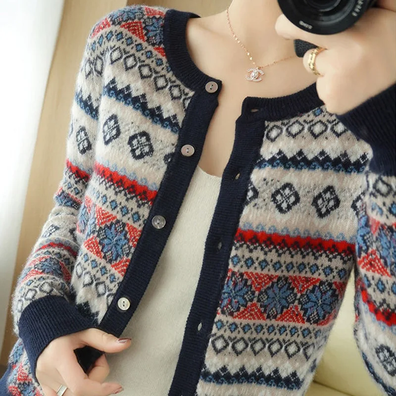 Винтажный вязаный кардиган женский осенне-зимний свободный свитер с круглым