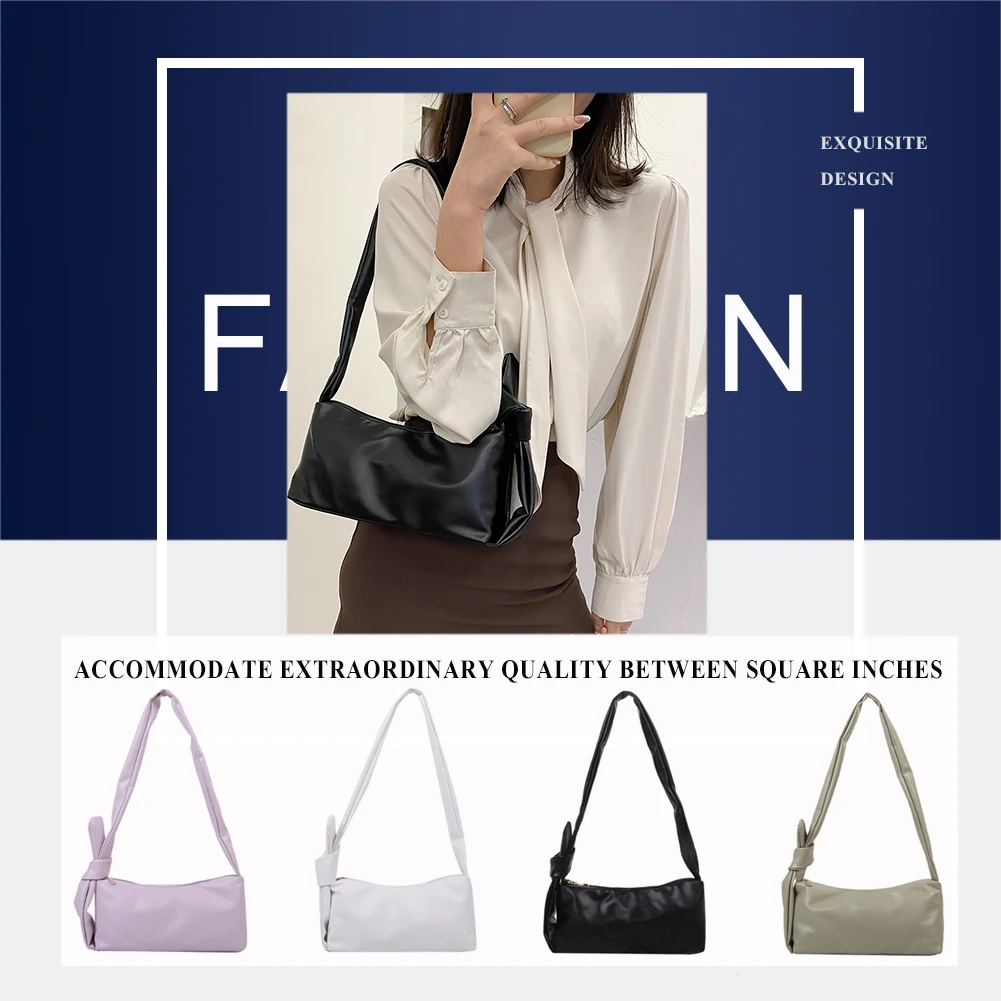 

Shoulder Underarm Bag Ladies PU Leather Embossing Solid Casual Small Zipper Baguette Handbags with Bow Designed
